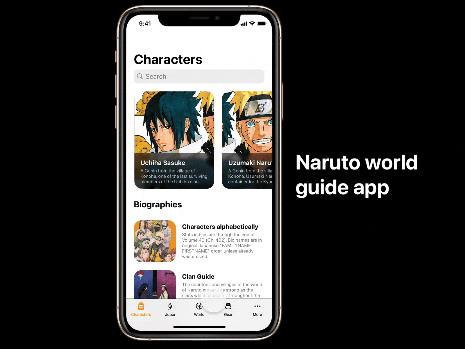 Naruto App. animation app dark design ios mobile motion naruto ui