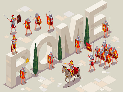 Roman Legionaries and isometric word Rome illustration