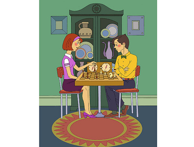In the living room. Illustration for an application "Room" game of chess illustration living room people