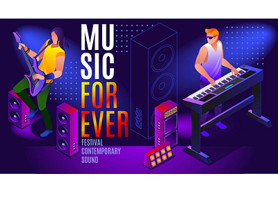 Music Forever Concept Poster of Festival Contemporary Sound banner contemporary festival isometric music musician poster rock sound vector