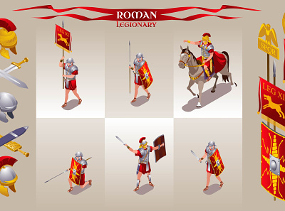 Roman Legionary Concept Poster collection isometric icons ancient aquila armor army centurion cohort collection concept helmet history horse icon illustration isolated isometric knight legion legionary legionnaire legionnaires