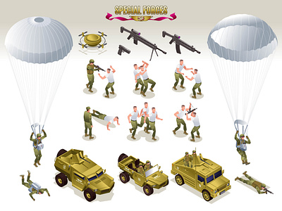 Special operations forces collection isometric icons aggression armored armored personnel carrier armored vehicle army attack battle car collection combat car concept conflict defense design fight green gun hand to hand combat icon illustration