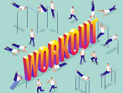 Workout boy and isometric word Workout isometric icons active activity athletic body collection concept energy exercise fit fitness fitness equipment gym handstand happy health healthy horizontal bar icons illustration isolated