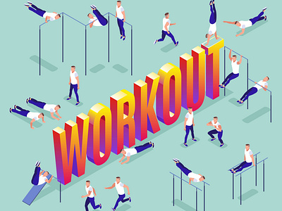 Workout boy and isometric word Workout isometric icons