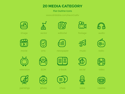 Freebie: 20 media flat outline icons clean flat free freebie icons media modern outline resource