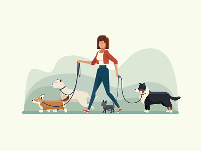 Dog walker 2d adobe illustrator chihuahua collie corgi dog walker dogs illustration leash pitbull walk woman