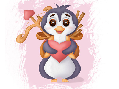 Penguin with heart adobe photoshop animal art cartoon children illustration design graphic design illustration postcard