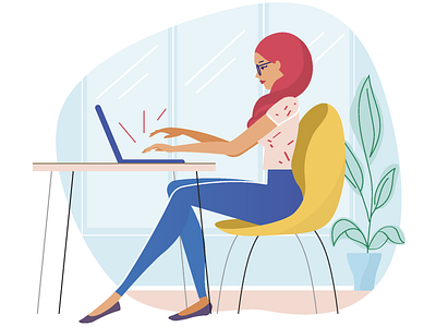 Girl typing at the laptop adult beautiful business cartoon chair character coding computer content desk fashion female flat girl glasses illustration laptop lifestyle online vector