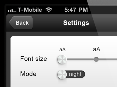 Font size selector and day/night mode switch