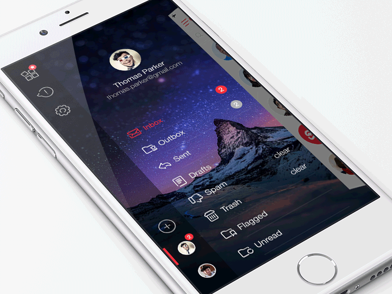 Sidebar Experiment in the iPhone Email App animation email folders ios iphone mail profile sidebar user