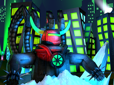 Abyss in the City 3d 3d model abyss boss city composition disaster giant green lights model night titan