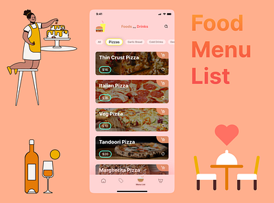 Food Menu List (Daily UI - 043) cart dailyui dailyuichallenge design favourites figma food illustration kitchen landing page list menu pizza ui vector
