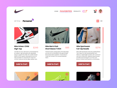 Favorites (Daily UI - 044) dailyui dailyuichallenge design elegant fashion favorites figma grid jackets landing page nike shoes ui