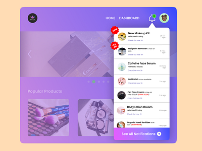 Notifications (Daily UI - 049) cosmetics dailyui dailyuichallenge design ecommerce figma landing page makeup new notifications product sale ui