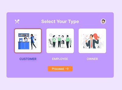 Select User Type (Daily UI - 064) customer dailyui dailyuichallenge design employee figma food illustration landing page owner ui user vector