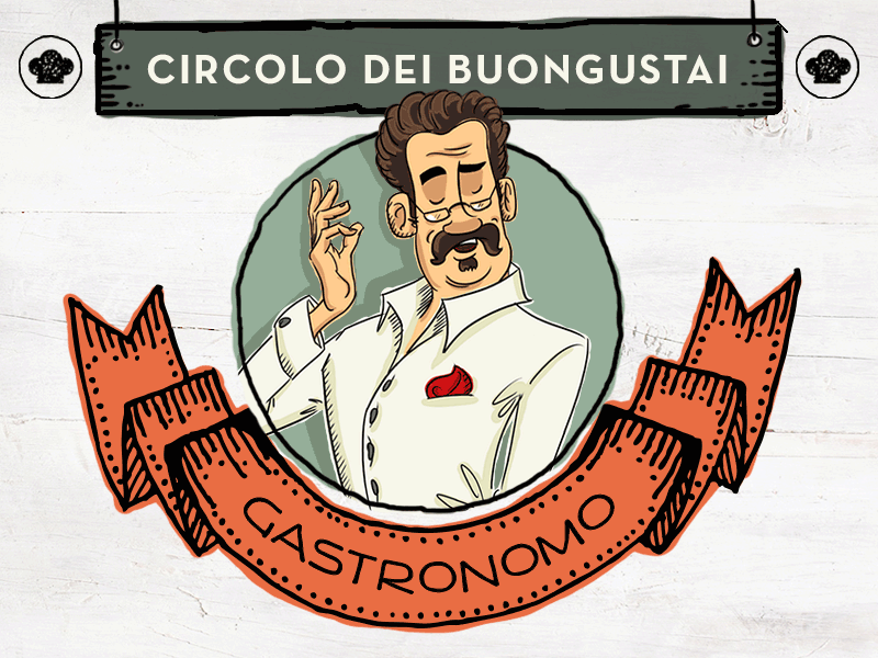 Circolo Dei Buongustai Gastronomo Animazione badge cartoon chef cook cousine draw gastronimist gif mustache taste wood