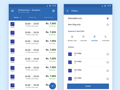Flight Search - Filters fab flights material design mobile ui ux