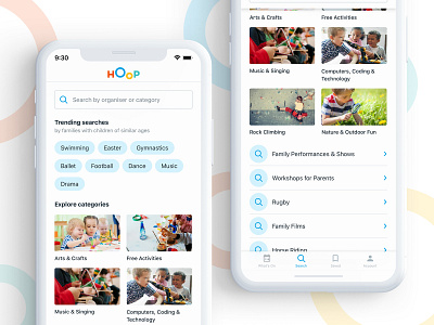 Hoop Search 🕵🏽‍♀️ app bright category circle design feature fun hoop ios iphone kids pills product product design search search results searching tiles ui ux