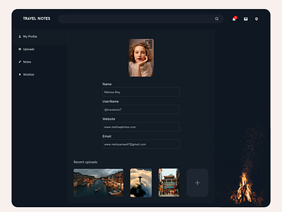 User Profile UI adobe xd clean daily ui challenge dark female fire flame flames girl page travel travel page travel website ui user profile web page website