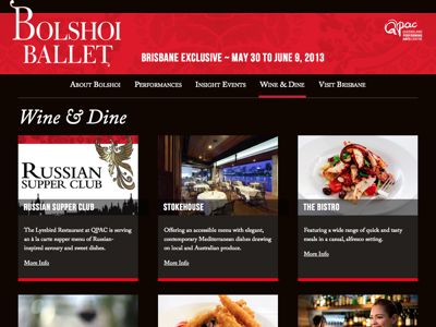 QPAC Bolshoi - Wine And Dine design web page