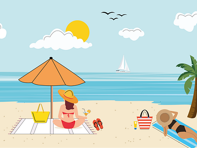 Sun, beach and girls flat illustration objects people simple vector