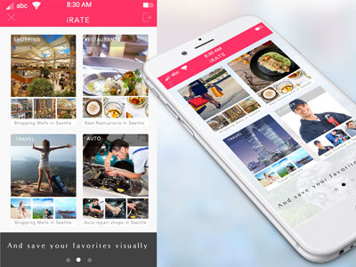 iRATE app app design bookmark business ecommerce find places list social feed ui ux
