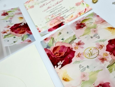 Bright Pink Floral Translucent Vellum Wrap Overlay A5 Invitation