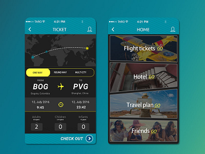 Travel app concept fast prototype blue flight go green map route travel yellow