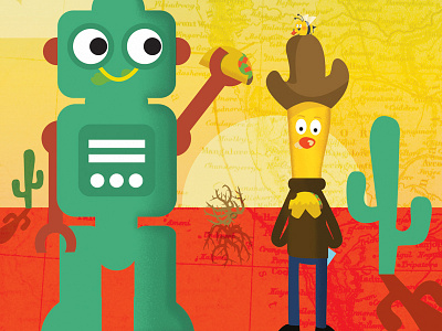 Archibald Snippet archibald bee cactus character chicken childrens book cowboy desert illustration robot sunset taco