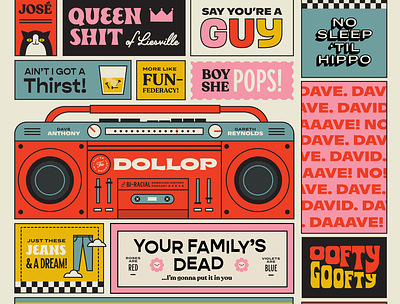 The Dollop Podcast Poster boombox cat dollop illustration podcast quotes typography