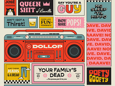 The Dollop Podcast Poster boombox cat dollop illustration podcast quotes typography