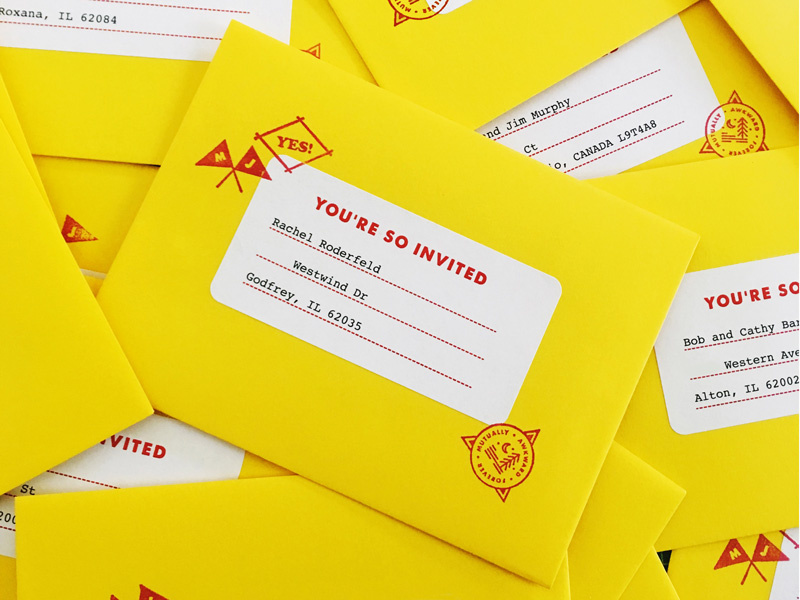 Wedding envelopes! address badge camp flags address label yellow invite wedding stamps envelopes