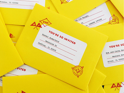 Wedding envelopes! address address label badge camp envelopes flags invite stamps wedding yellow
