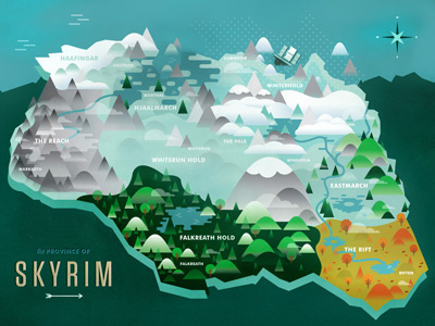 Skyrim Map compass futura gradient illustration map mountain sea ship skyrim tree video game