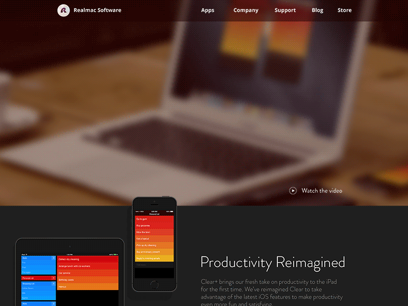 Clear app page (redesigne) app clear ios mac new page realmac redesign site web