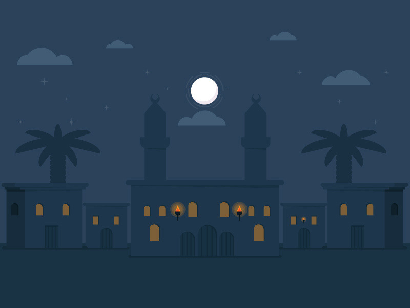 Quiet village night gif fire palm mosque clouds moon quiet 2d graphics motion illustration
