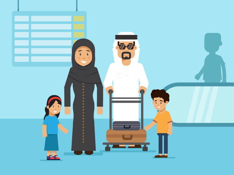 Family vacation arab 2d kids bags airport travel character motion illustration