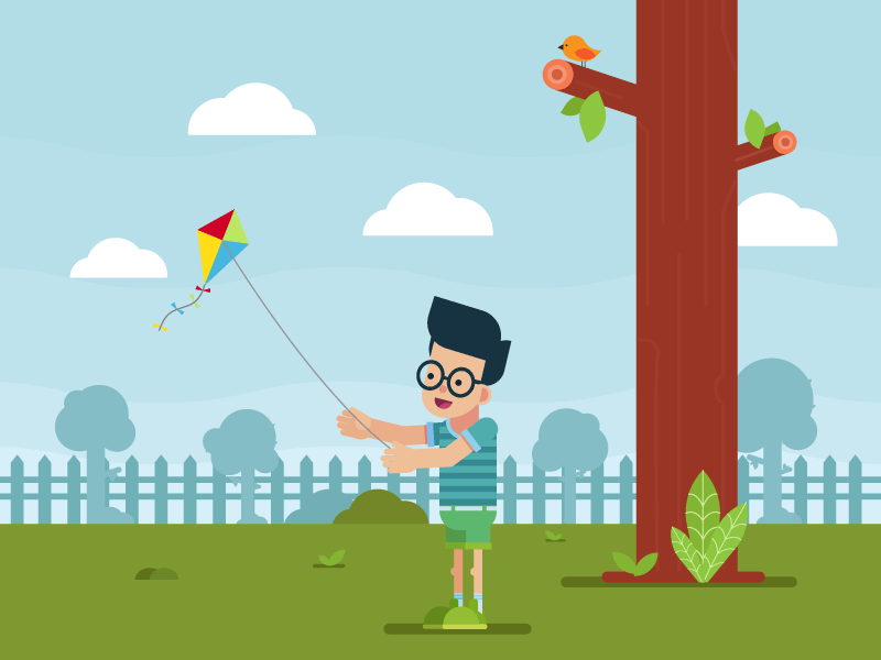 a kite 2d boy character flat fly illustration motion sky tree