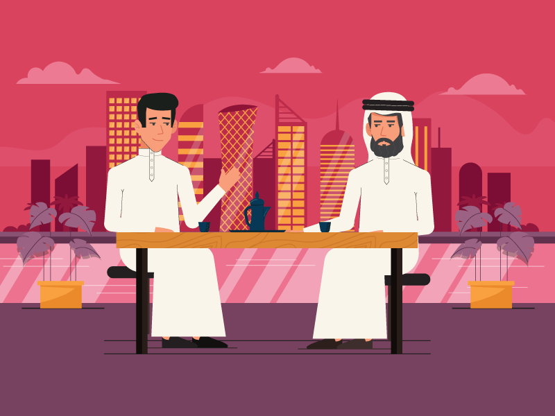 Arabic cafe talk clouds 2d graphics motion dialogue plants towers caffe arab