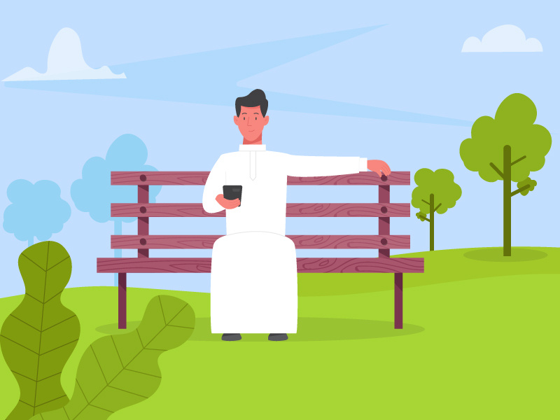 An Arab man in a park clouds trees animation sky character park design arab motion 2d flat illustration