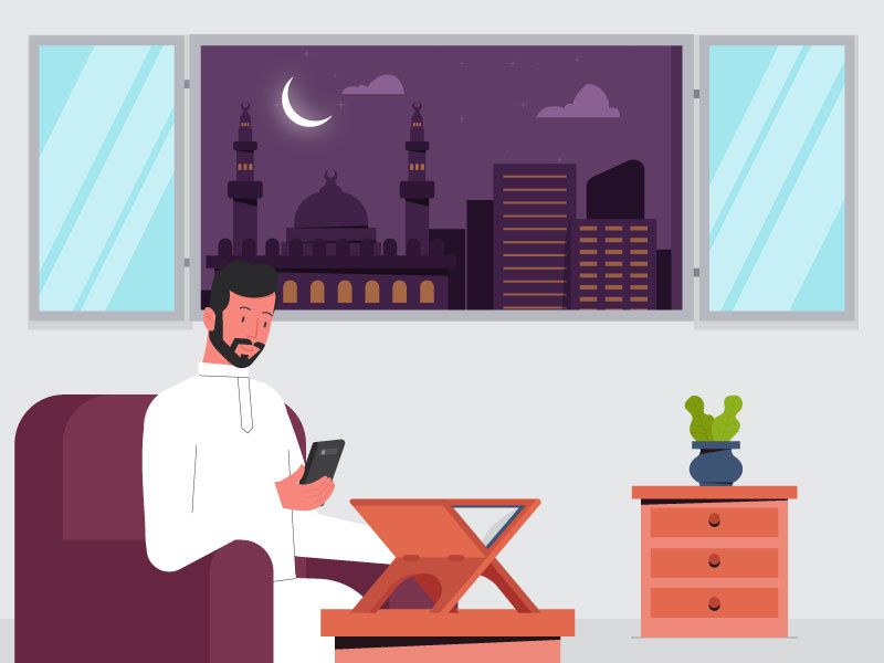 Holy Ramadan buildings night clouds moon mobile plant mosque arab graphics 2d character illustration