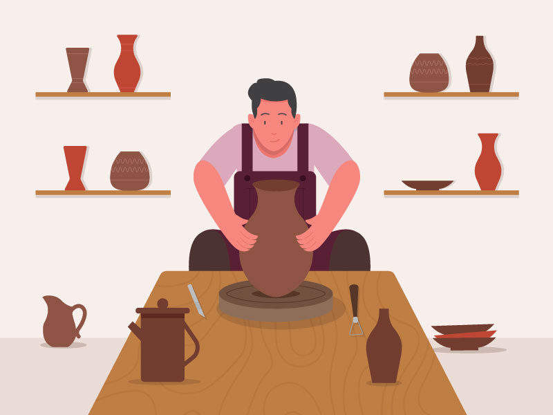 Pottery worker workshop pottery worker motion 2d earthenware flat character illustration