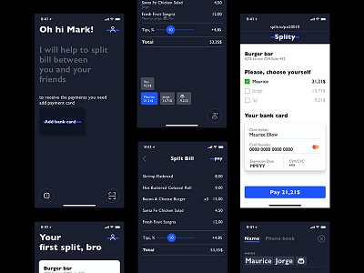 Split bill app application bill check dark ios pay split ui ux