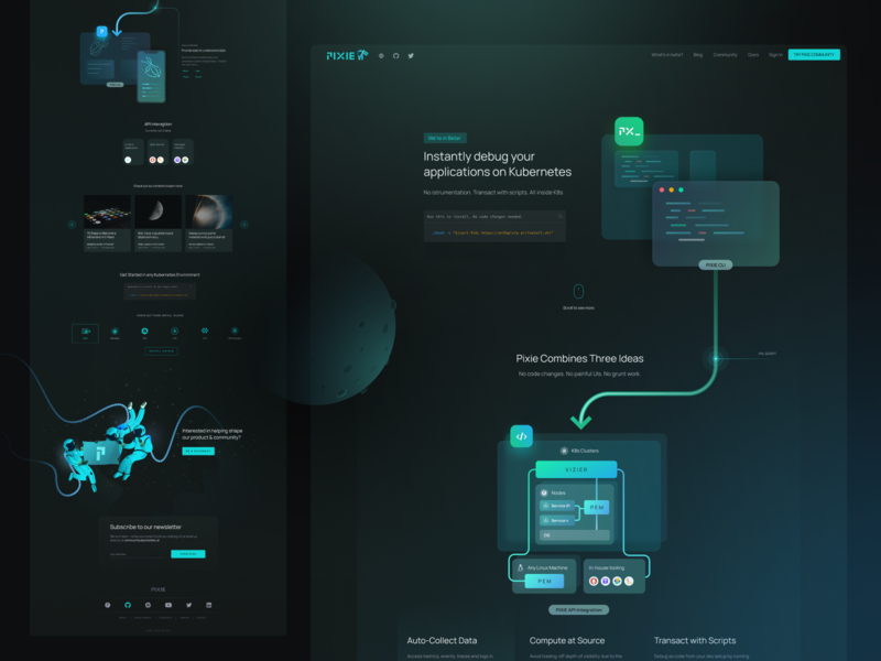 Homepage Concept for Pixie app astronaut character cloud code coding hero ide illustration kubernetes landing page programming space ui web design