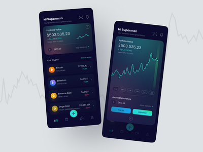 Crypto wallet mobile - first iteration app bitcoin chart crypto currency dark dashboard finance ios mobile stats stock market stocks trading ui ux wallet