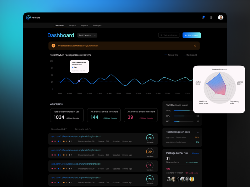 Phylum Product Screen - Concept 2 ai analytic chart coding dark dashboard illustration machine learning product saas security stats ui ux