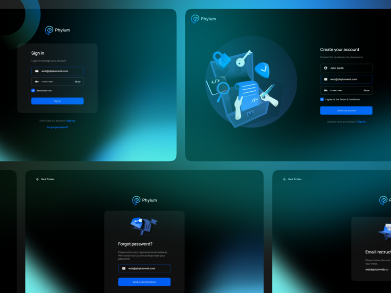 AUTH Login Register screen for Phylum auth dark dashboard forgot password glowing hero illustration landing login page register saas screen sign in sign up ui ux