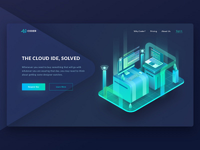 Isometric Illustration for Hero Coder cloud glowing illustration isometric laptop mac service technology