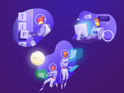 All sections illustrations for Tipe homepage astronaut coder coding earth galaxy illustration isometric moon programming sketch space