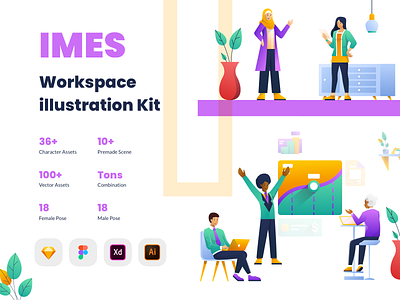 IMES Workspace 2D Illustration Kit character collaboration hero hijab illustration kit meeting startup teamwork ui vector work together working space workspace
